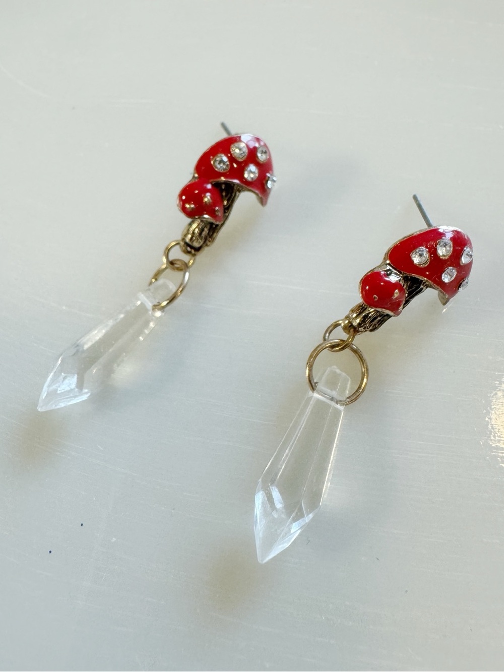 Red Enamel Mushroom Drop Earrings with Faux Quartz and Rhinestones Post Back